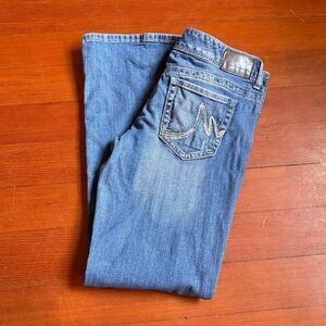 Maurice’s - vintage y2k low rise, flare medium wash blue jeans 30"waist